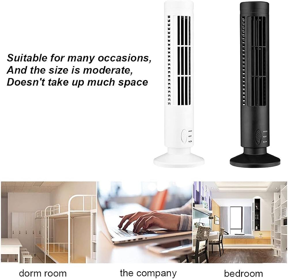 Clarify.pk bladeless desktop tower fan in white and black, compact and space-saving for dorm rooms, offices, and bedrooms
