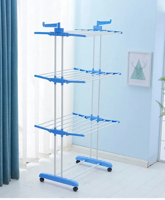 Clarify.pk blue and white multi layer drying rack with three tiers and wheels for easy mobility