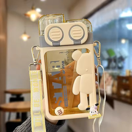 Clarify.pk cartoon bear water bottle with beige bear design and transparent body with strap