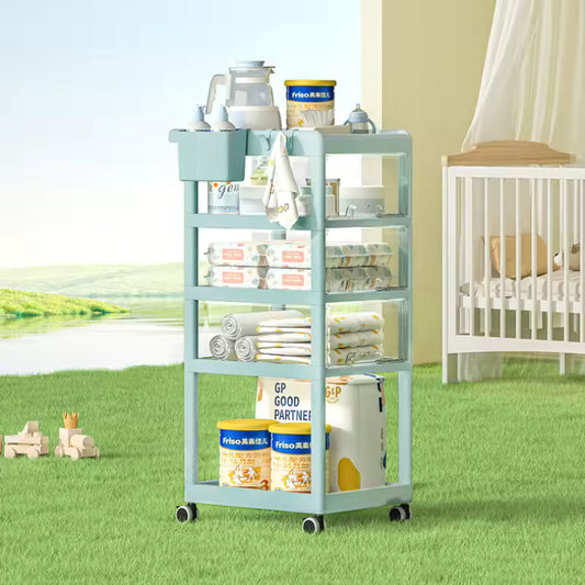 Large capacity storage trolley in pastel blue with four shelves holding baby supplies and essentials