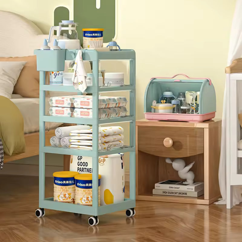 Large capacity storage trolley in blue with multiple shelves holding baby supplies and toiletries on wheels