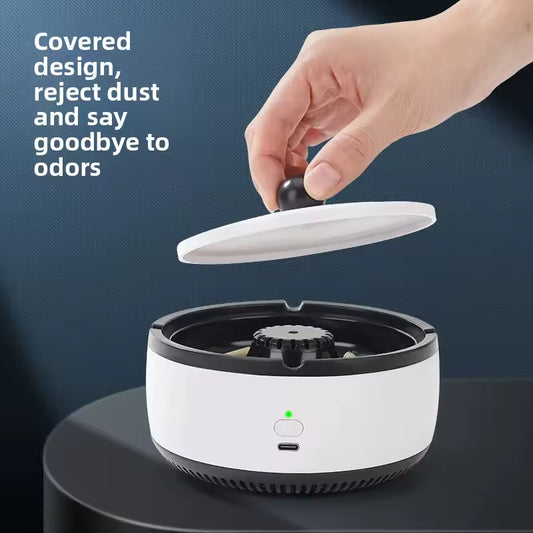 Smart air purifier ashtray with covered design to reject dust and eliminate odors in white