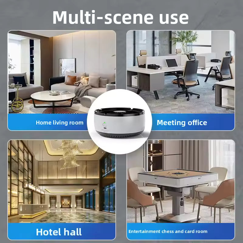 Smart air purifier ashtray shown for multi-scene use in home living room meeting office hotel hall and entertainment room