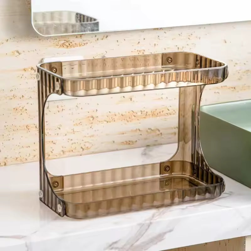 Clarify.pk double layer bathroom organizer in transparent brown mounted on bathroom wall
