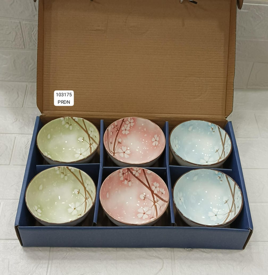 Pack of 6 Ceramic Bowl Set – Cherry Blossom Pastel Design