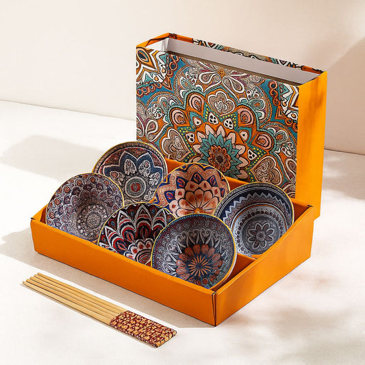 Japanese Ceramic Bowl Set of 6 with Chopsticks – Mandala Print