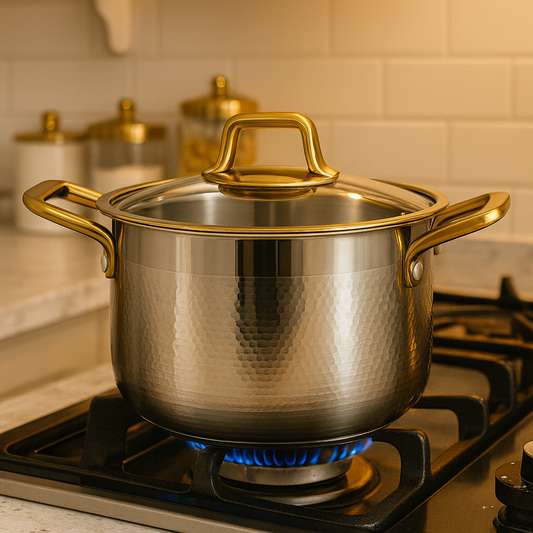 Premium Stainless Steel Cook Pot – Elegant Golden Handle Kitchenware