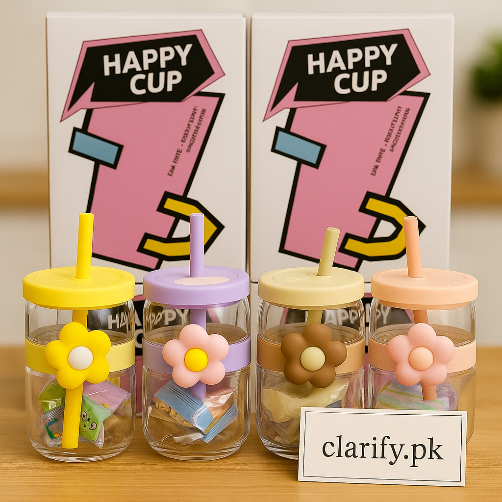Happy Cup Glass with Flower Lid & Straw – Cute Transparent Drinking Tumbler
