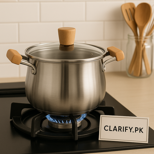 Elegant Stainless Steel Cook Pot – Wooden Grip Handles & Clear Lid