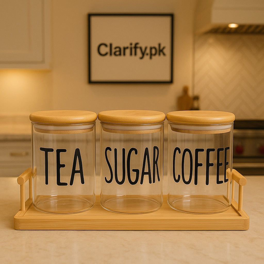 Kitchen Glass Jar Set with Wooden Tray – 3 Pcs