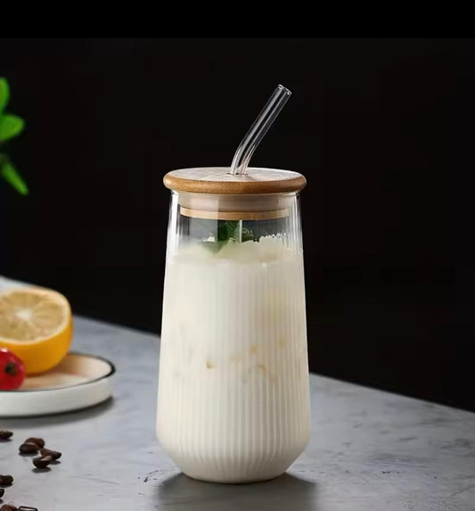 Ribbed Glass Cup with Wooden Lid & Glass Straw