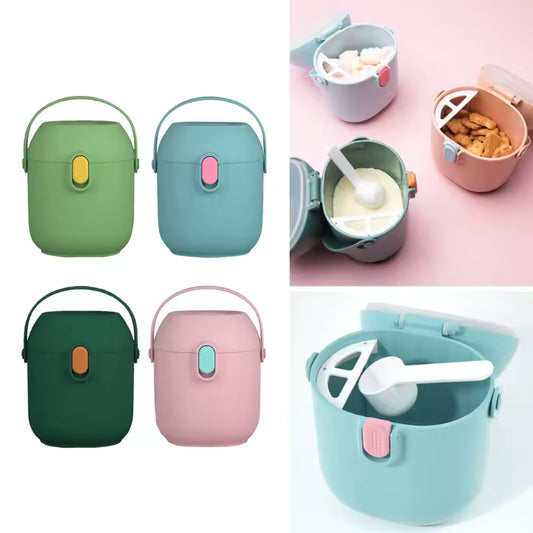 Clarify.pk cartoon infant milk powder container in green blue pink and dark green with scoop and lid