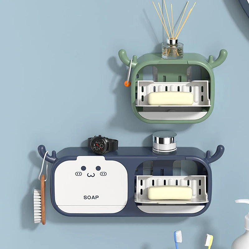 Cartoon soap holder wall mounted in green and blue with soap bars and storage compartments for bathroom organization
