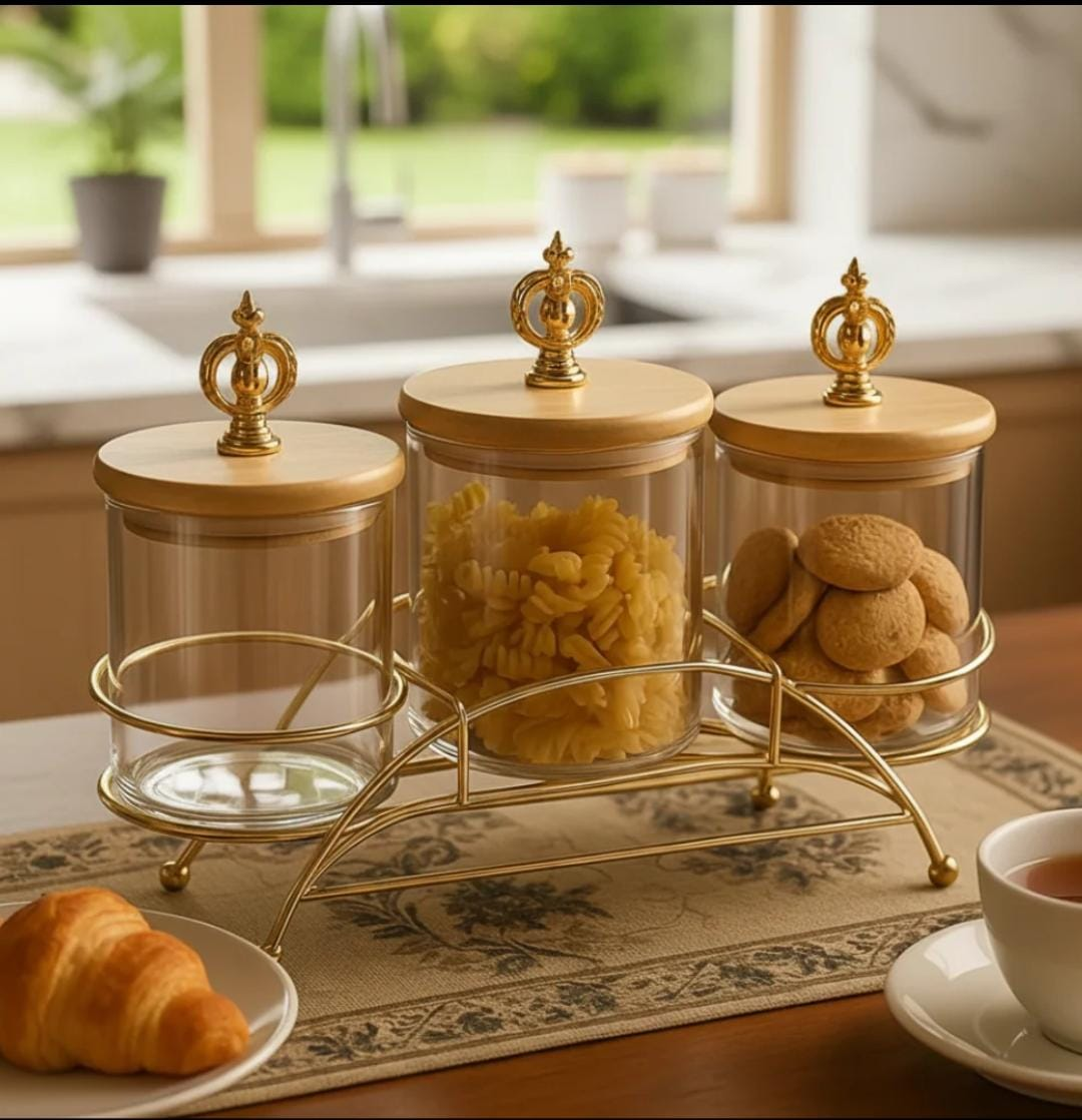 Premium 3-Piece Glass Jar Set – Metal Stand