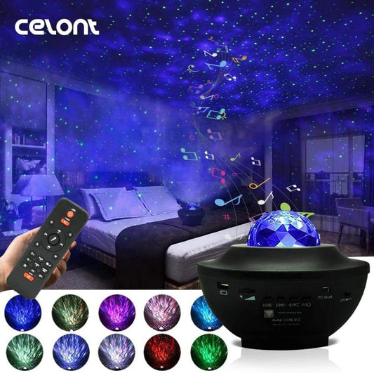 Galaxy ocean wave projector lamp displaying colorful star and wave patterns in a bedroom with remote control