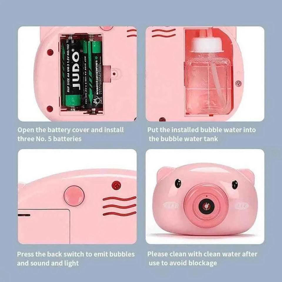 Clarify pink children's bubble machine toy shaped like a pig with battery compartment and bubble water tank