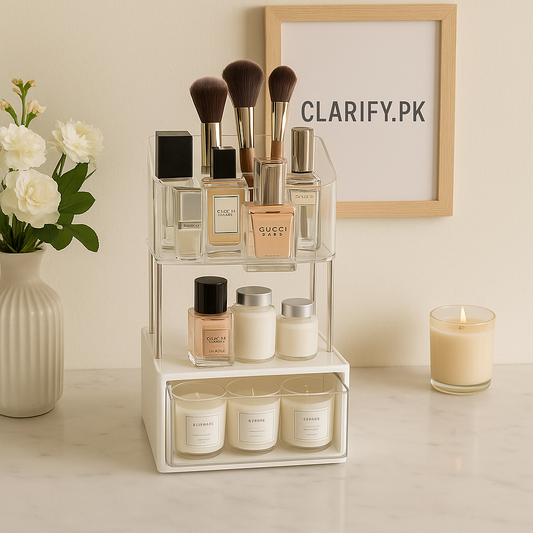 Clarify pk 2-tier acrylic makeup organizer on marble counter holding perfumes makeup brushes foundations and candles