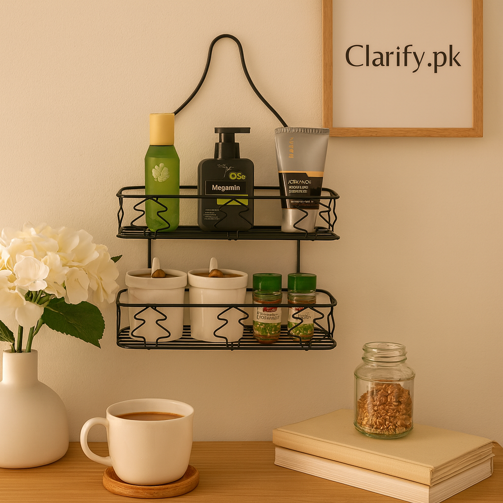 Black double layer bathroom rack from Clarify.pk mounted on beige wall holding toiletries and containers