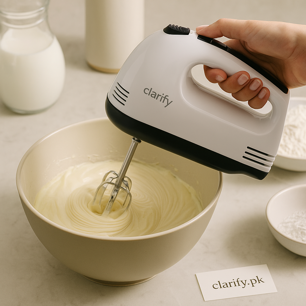 Clarify hand mixer beating batter in a bowl showcasing Keenwood electric hand beater performance