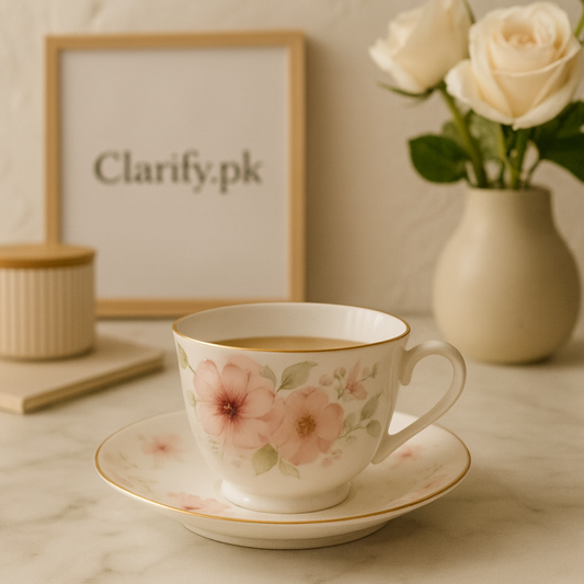 Clarify pk high tea floral cup set 6 pieces porcelain cup and saucer with pink roses and gold rim on marble