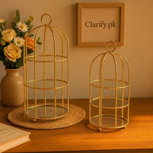 Elegant gold wire luxury home decor shelf set with two sizes displayed on wooden surface