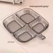 Transparent gray 4 section acrylic tray with handle for organizing snacks or small items