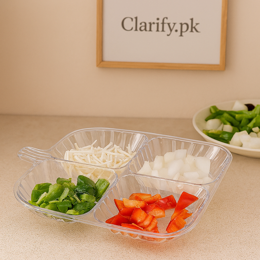 Clear 4 section acrylic tray by Clarify.pk with chopped vegetables for kitchen organization