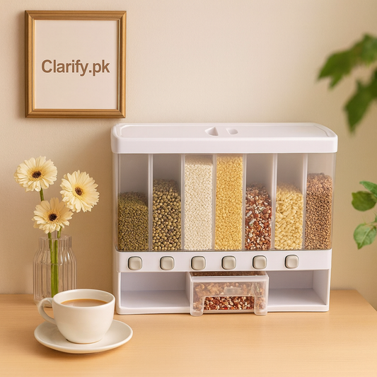 Clarify.pk 6 in 1 rice dipenser with six compartments for storing different grains on kitchen counter