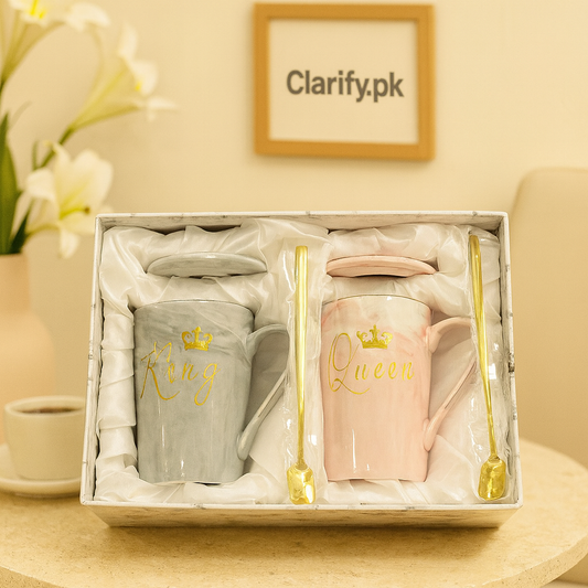 Clarify.pk couple ceramic mugs set with King and Queen design in gray and pink with lids and gold spoons