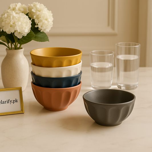 Clarify.pk luxury ceramic 5 bowl set . Five fluted bowls in mustard cream navy terracotta and charcoal on countertop