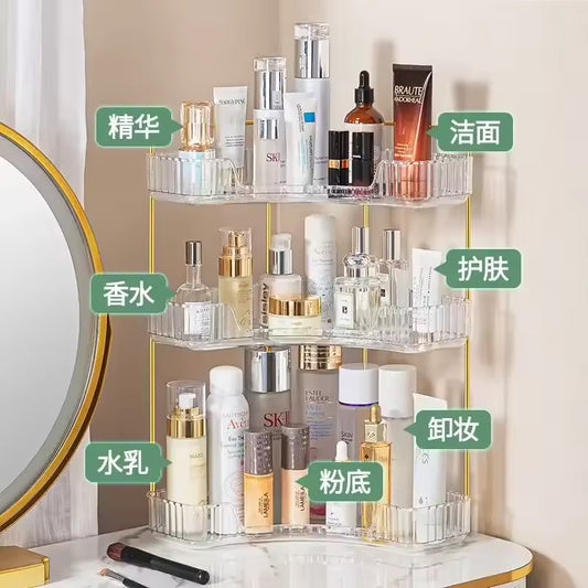 Tao tao Store 3 tier cosmetics organizer with clear acrylic trays holding various skincare and makeup products
