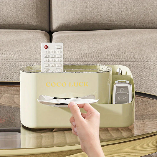 Clarify.pk premium storage box organizer holding remote controls and tissues on a glass table