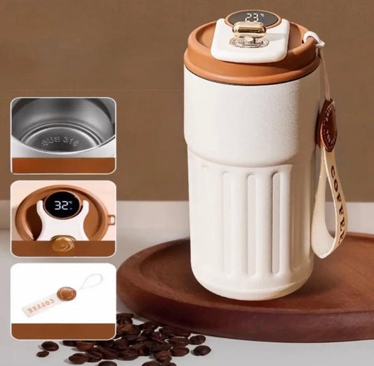 450ml travel coffee mug with temperature display, stainless steel interior, and coffee strap by Clarify.pk