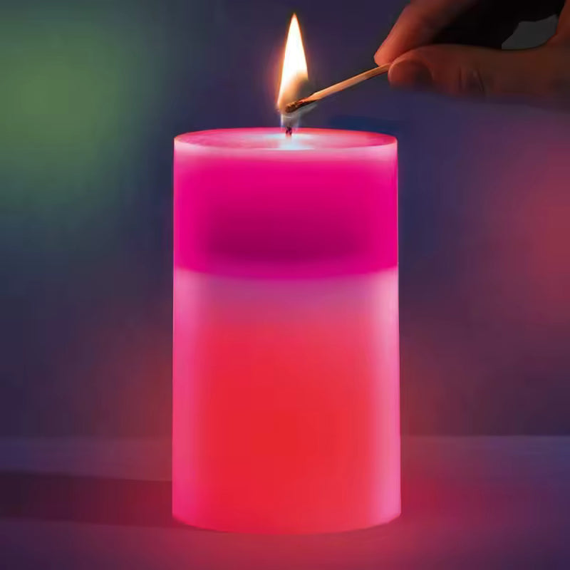 Clarify.pk color changing LED candles glowing pink while being lit with a matchstick