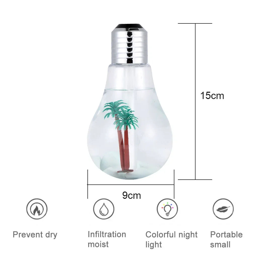 Clarify.pk colorful bulb humidifier with palm tree design measuring 15cm by 9cm with night light feature