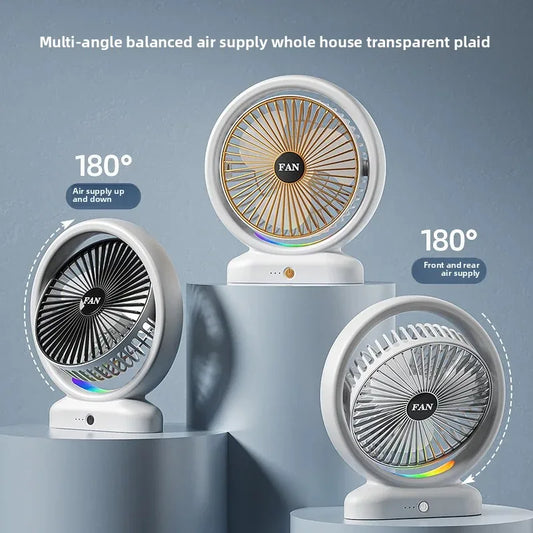 Colorful LED desk fan with 180 degree air supply and multi-angle balanced airflow in black white and gold