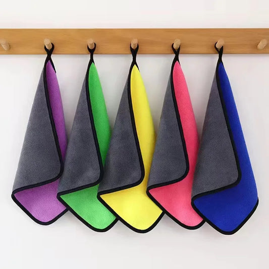 Clarify.pk colorful microfiber cleaning towel set for car detailing with gray backing hanging on wooden hooks