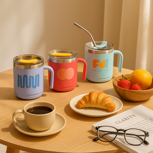 Colorful stainless steel cup set with lids and handles on wooden table with coffee, croissant, and fruit bowl