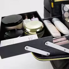 Clarify pk waterproof PU leather makeup bag open showing organized compartments for cosmetics and skincare