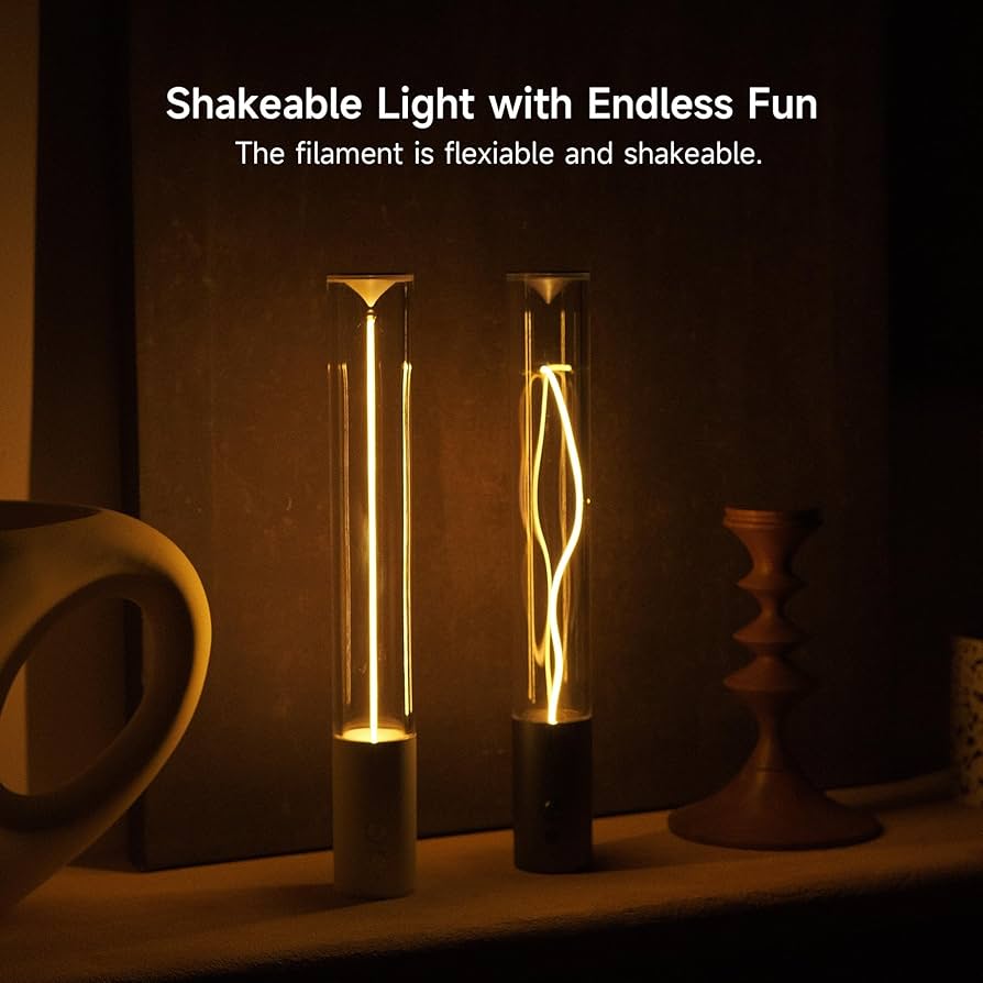 Cordless LED night light for room with flexible shakeable filament in clear tube design