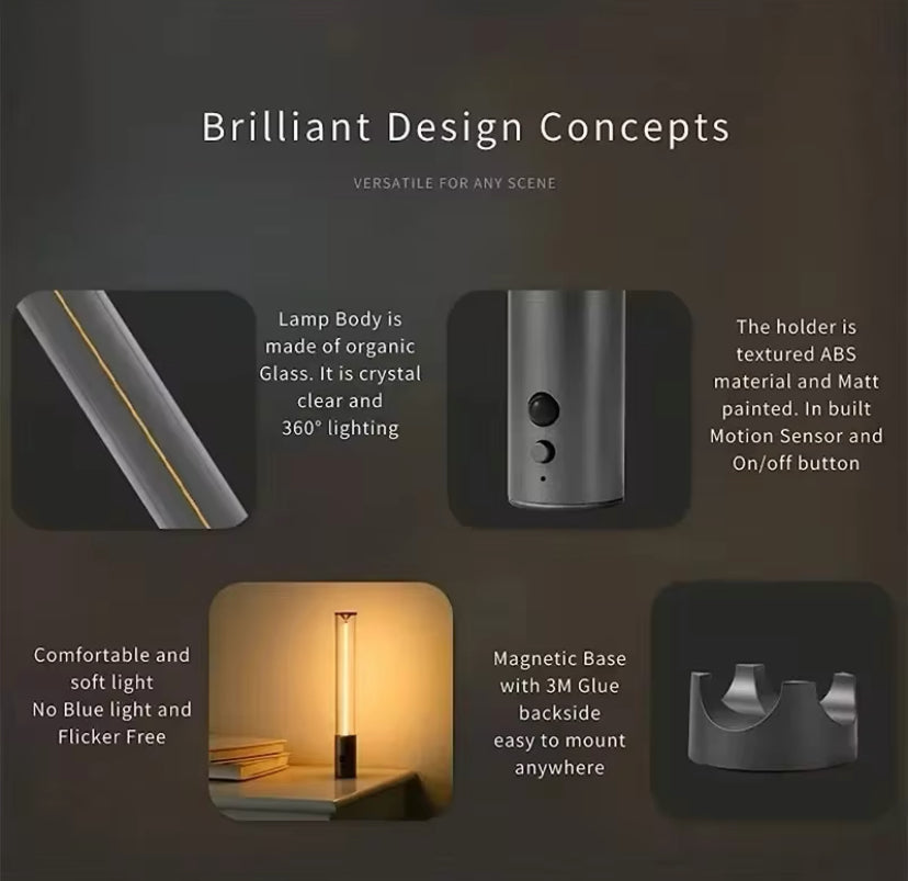 Cordless LED night light for room with organic glass lamp body and motion sensor holder