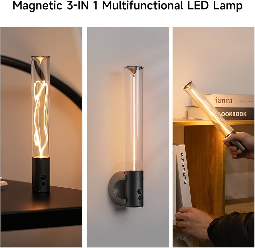 Cordless LED night light for room showing magnetic 3-in-1 multifunctional LED lamp on table wall and handheld