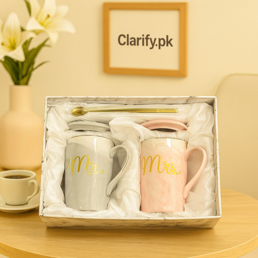 Elegant couple mugs gift set with Mr and Mrs gold text in a cushioned box by Clarify.pk