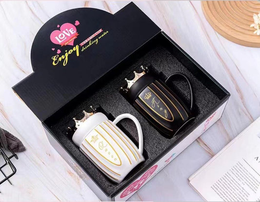 Set of couple mugs with crowns in black and white colors packaged in a gift box by Clarify.pk