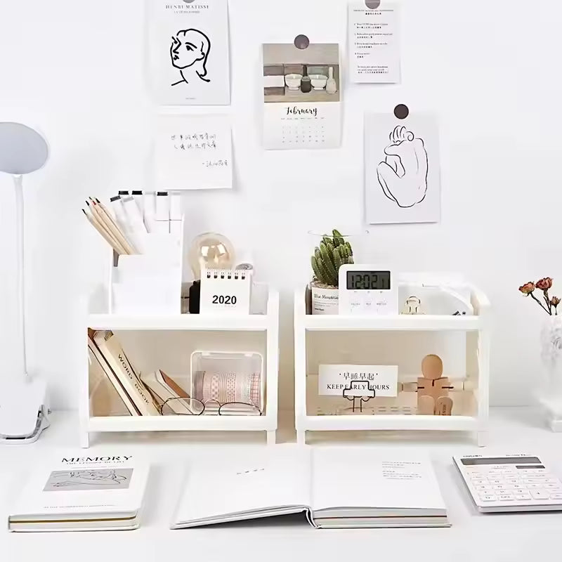 White double layer desk organizer by Clarify.pk holding stationery and office supplies on a clean white desk
