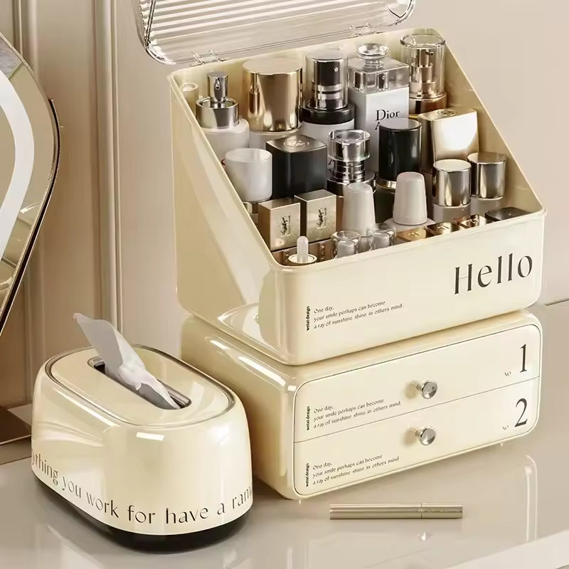 Clarify.pk makeup organizer with drawers in cream color holding various cosmetic bottles and lipsticks