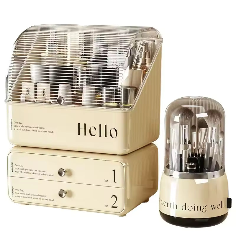 Clarify.pk makeup organizer with drawers in cream color holding cosmetics and makeup brushes