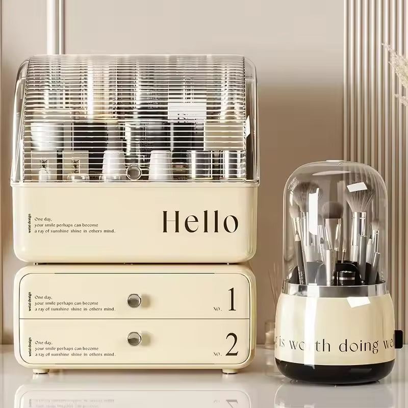 Clarify.pk beige makeup organizer with drawers and clear cover for cosmetic storage and brush holder