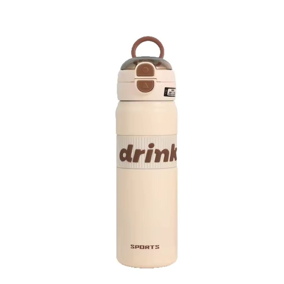 Beige stainless steel sports water bottle with drink label and carry loop by Clarify.pk