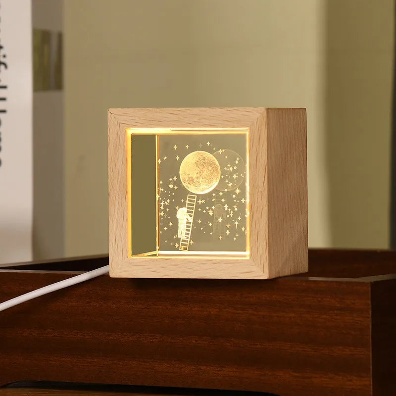 Wooden crystal bedside lamp for bedroom featuring an astronaut climbing a ladder to the glowing moon